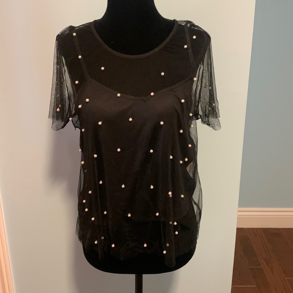 Love Culture Black Pearl Mesh Shirt With Black Tank Top In Size L